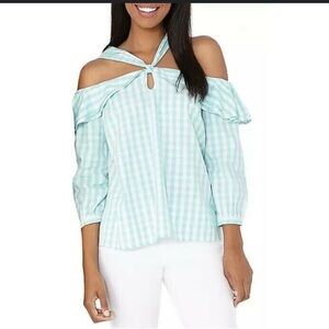 Crown & Ivy gingham mint and white ruffle cold  shoulder top- size XL- NWT
